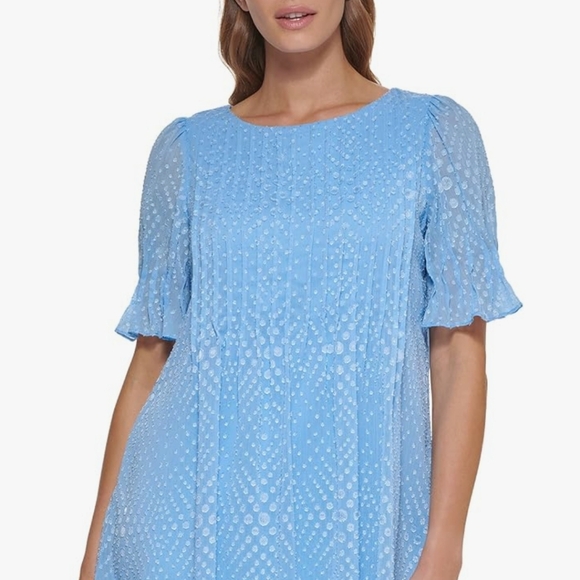 DKNY,NWT, Women's Pleated Front Cinch Sleeve Flowy Dress,Size 4,Zelda Blue - Picture 3 of 12